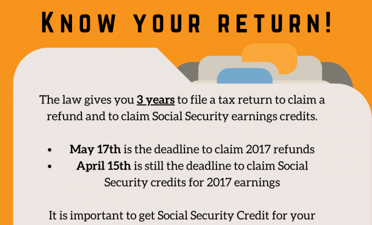 An orange graphic that says: "Know Your Return! The law gives you three years to file a tax return to claim a refund and to claim social security earnings credits."