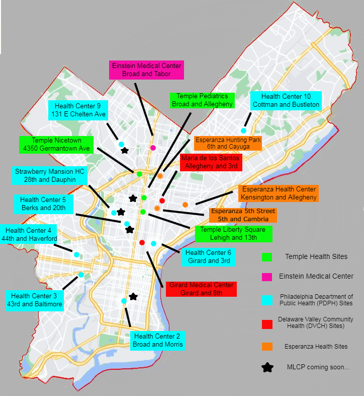a map of philadelphia with the health centers marked