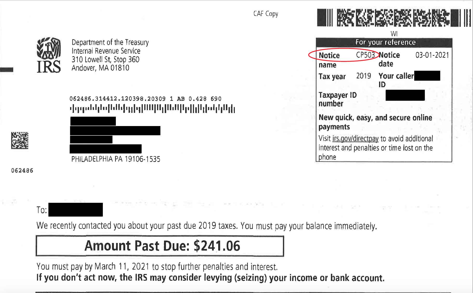 A typed letter from the IRS with the "CP503" code circled in red.