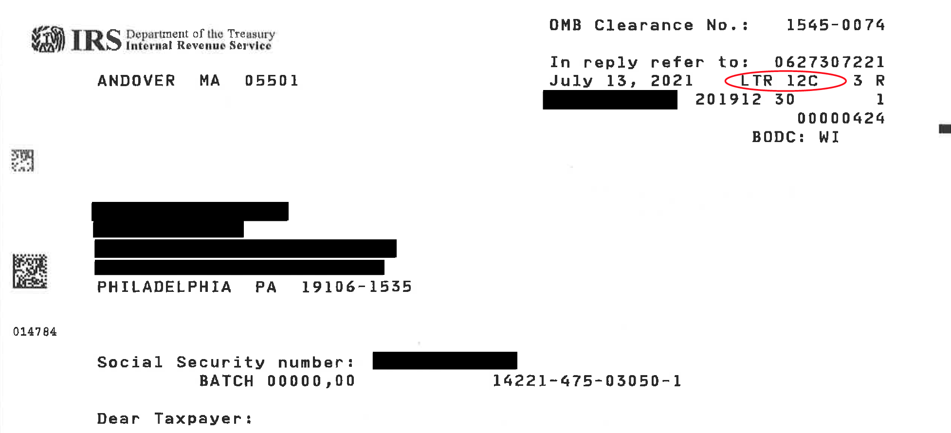 A typed letter from the IRS with the "LTR" code circled in red.