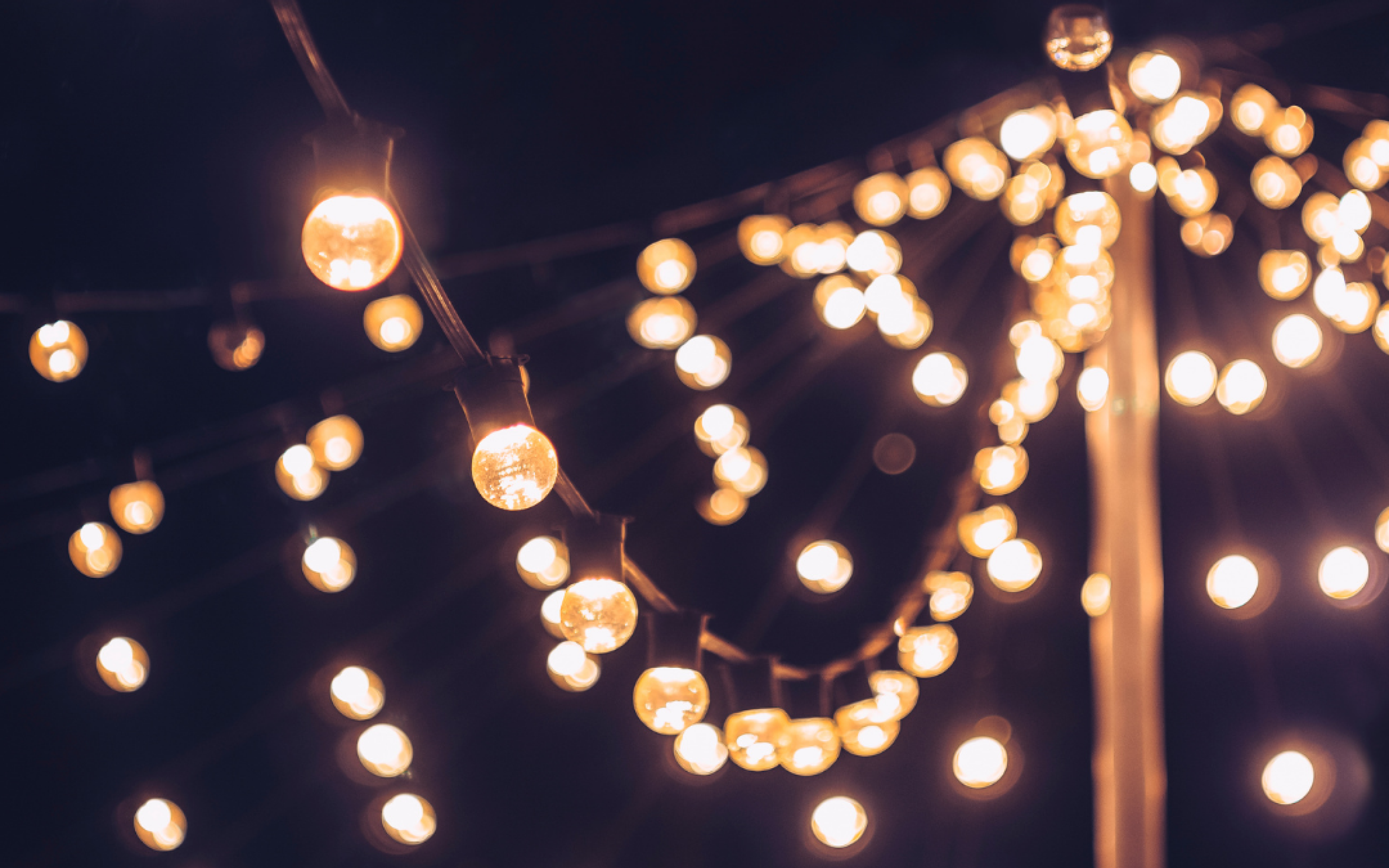 Strings of lights hang in the night