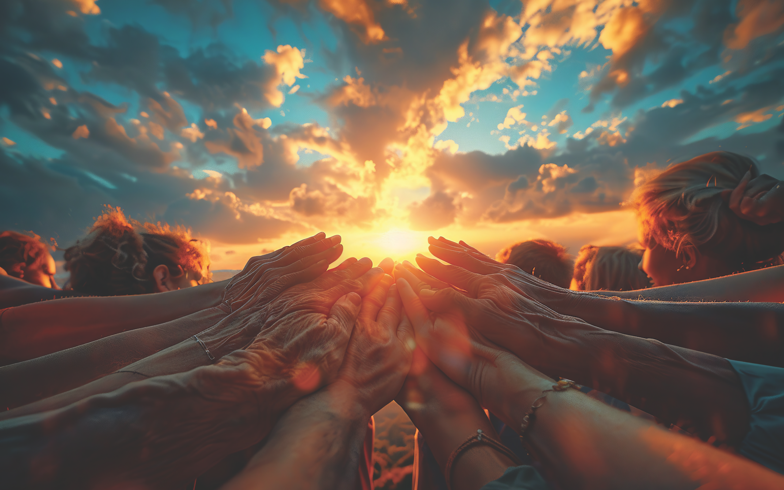 a group of many hands together with the sunrise in the background