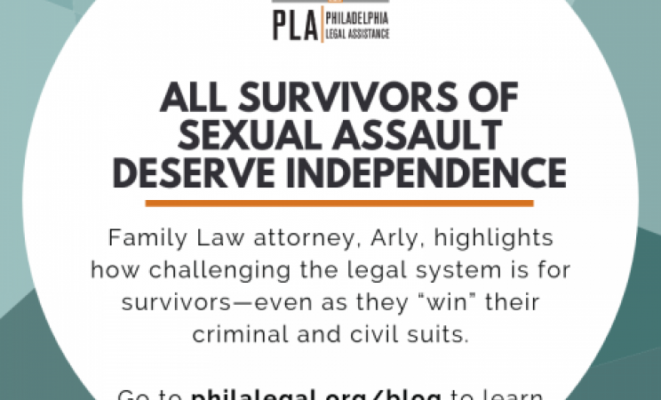 A graphic with the excerpt "Family Law attorney, Arly, highlights how challenging the legal system is for survivors"