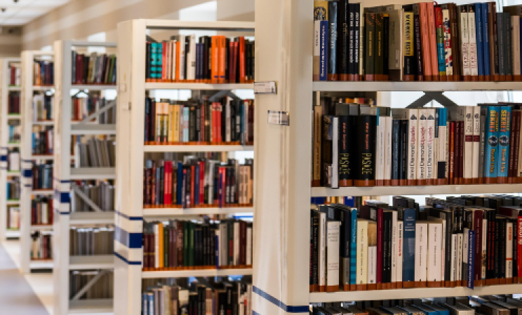 an image of rows of library shelves