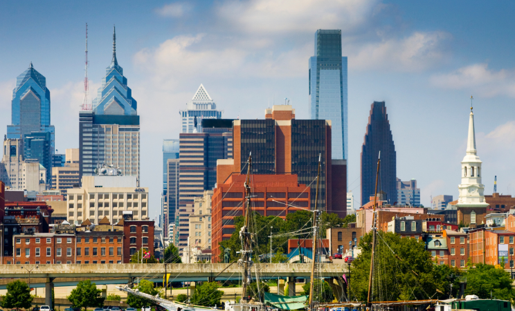 The skyline of Philadelphia as seen from Penn's Landing in Old City on a Spring day