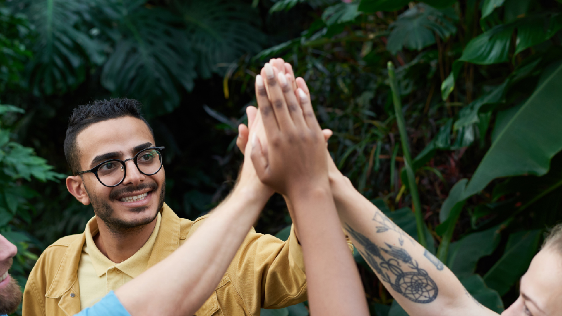 Four young people high five each other