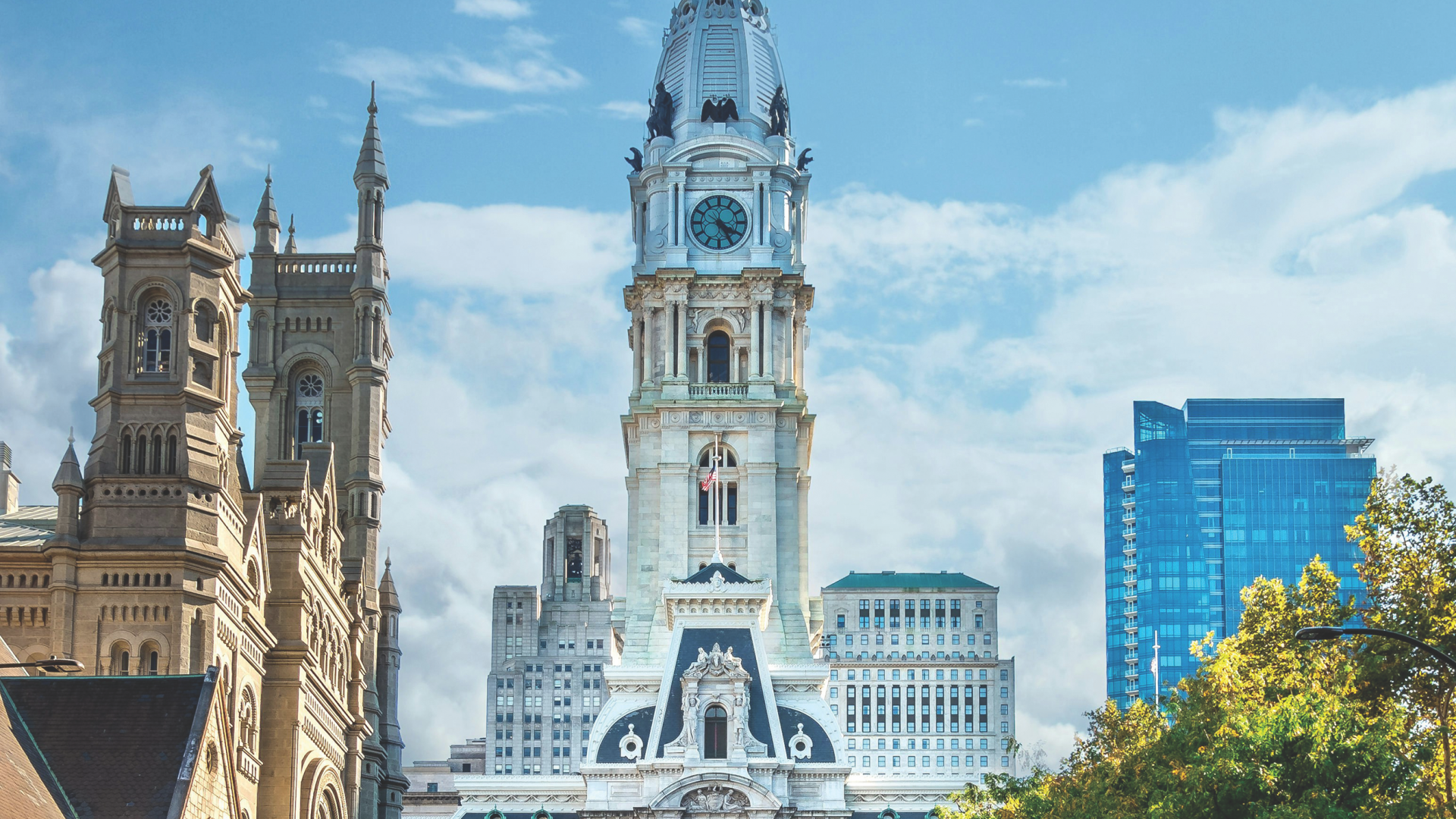 Philadelphia's City Hall pictured on a partly cloudy day