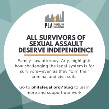 A graphic with the excerpt "Family Law attorney, Arly, highlights how challenging the legal system is for survivors"