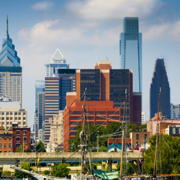 The skyline of Philadelphia as seen from Penn's Landing in Old City on a Spring day